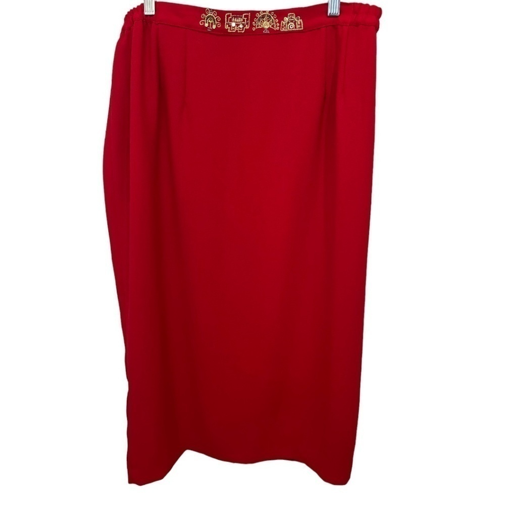 Donna Vinci Plus Size Red Midi Back Zip Kick Pleat Gold Embellished Skirt 20